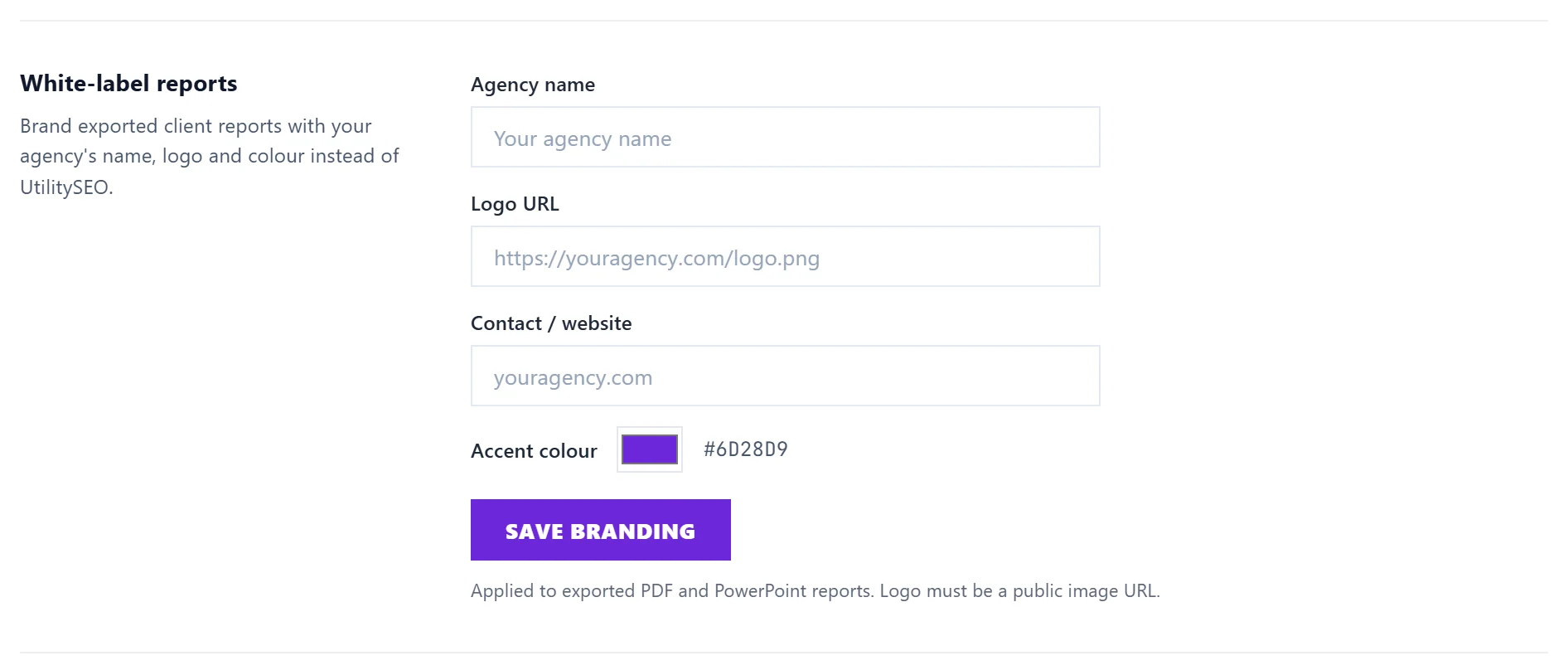 White-label reports in Settings, Billing: agency name, logo address, contact and accent colour, and Save branding