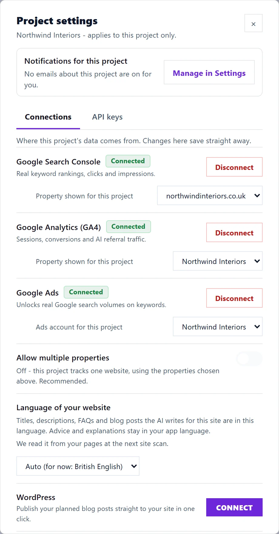 Project settings, Connections, with Disconnect beside each Google connection