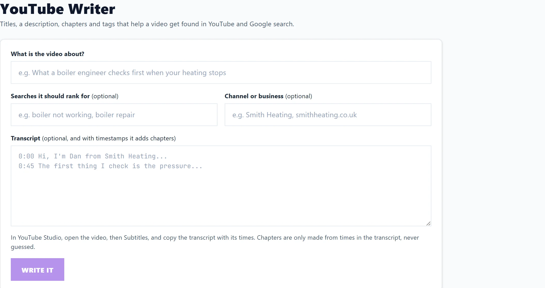 The YouTube Writer: what the video is about, the searches it should rank for, the channel and the transcript